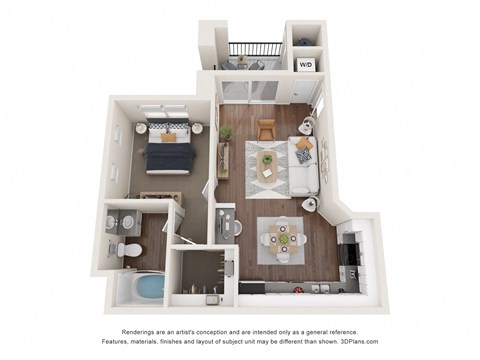 Floor plan for 1 bed, 1 bath, 741 sqft